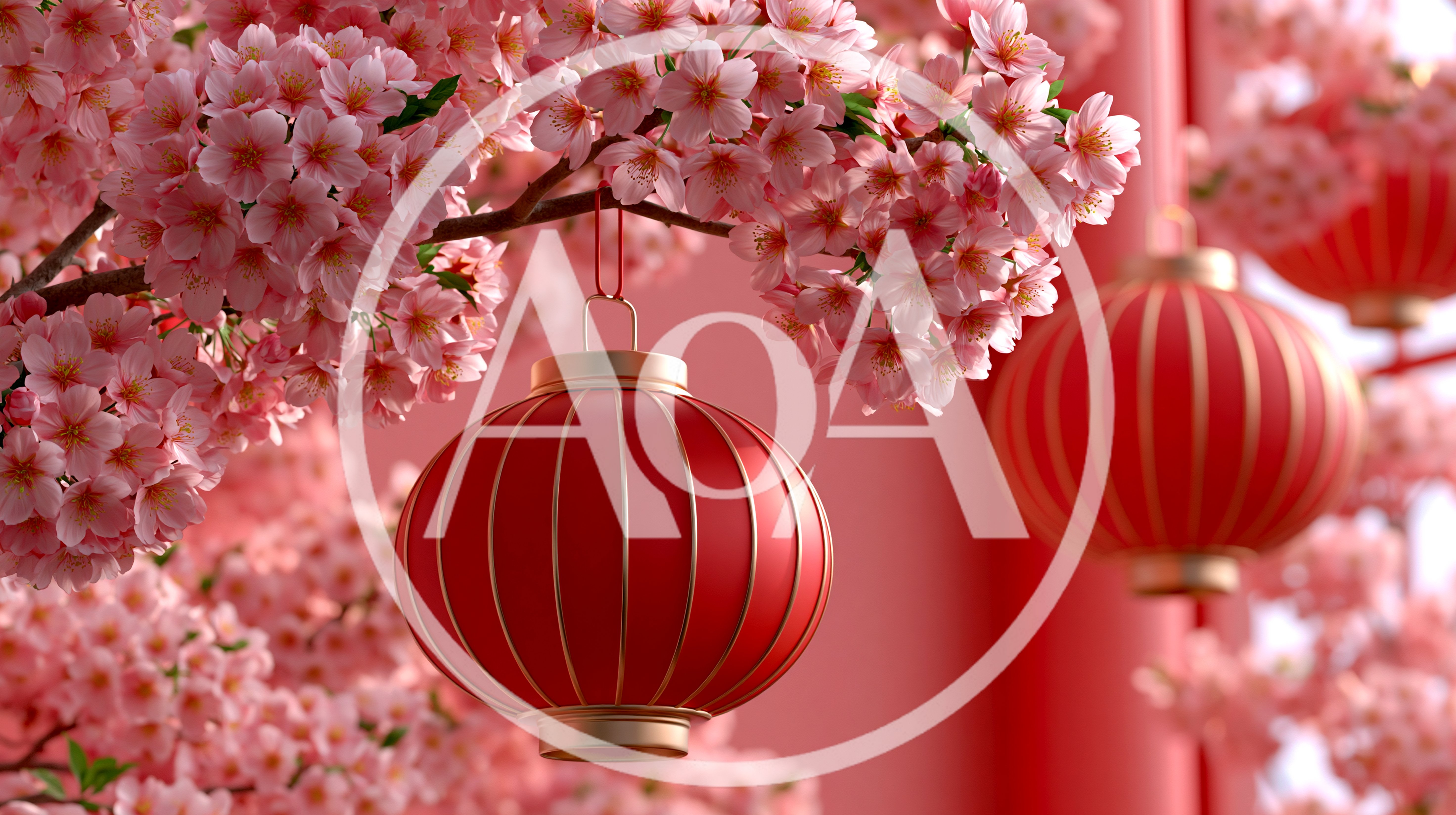 Red Chinese Lanterns Hanging Among Blooming Cherry Blossoms