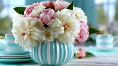 Peony Flower Bouquet In Striped Vase