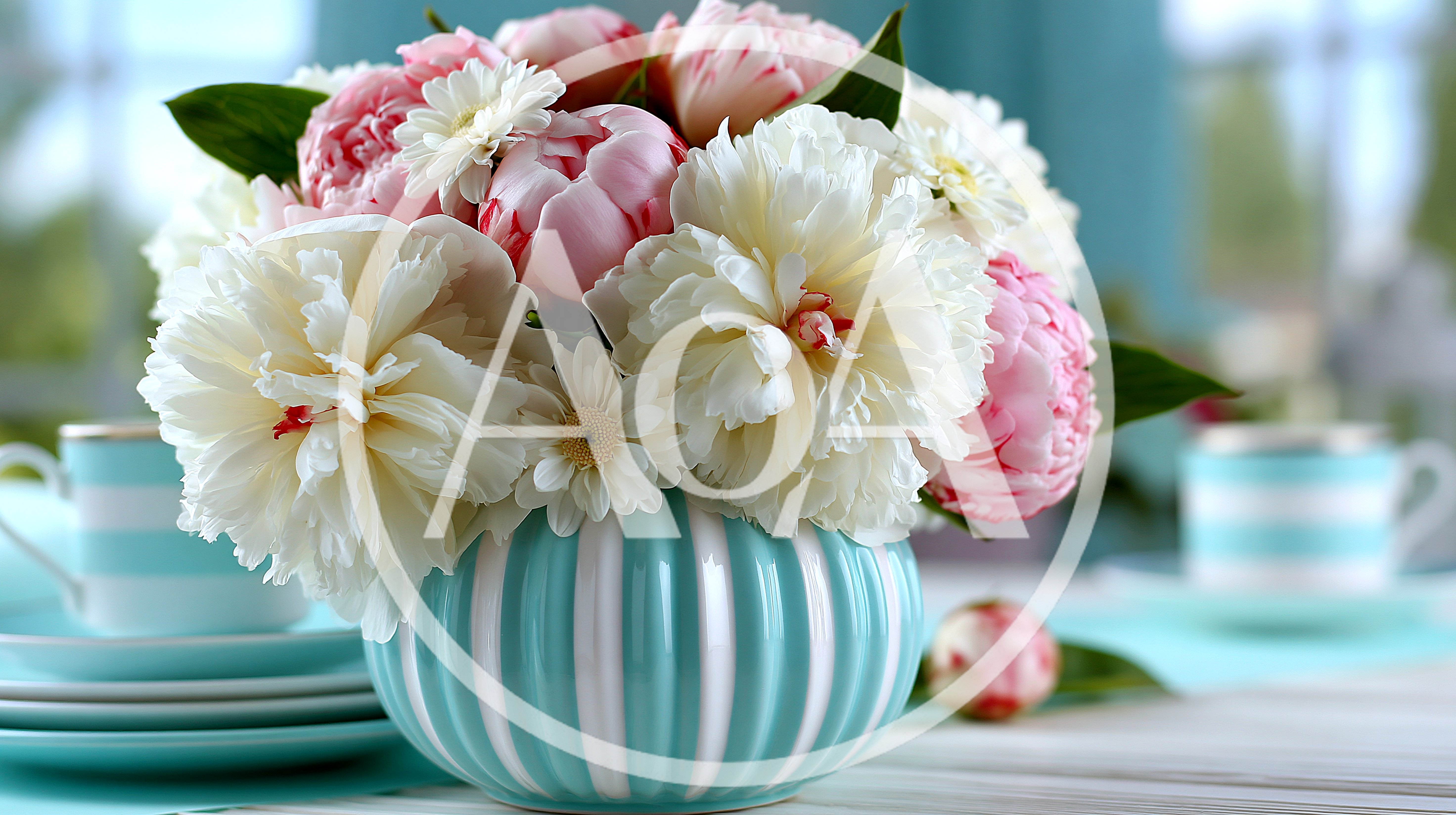 Peony Flower Bouquet In Striped Vase