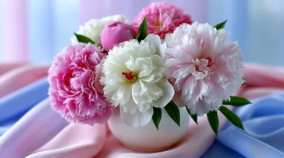 Bouquet Of Fresh Peonies In A White Vase