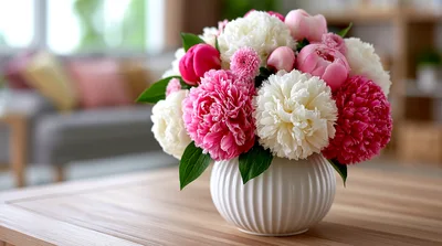 Peony Flower Bouquet In A White Ceramic Vase