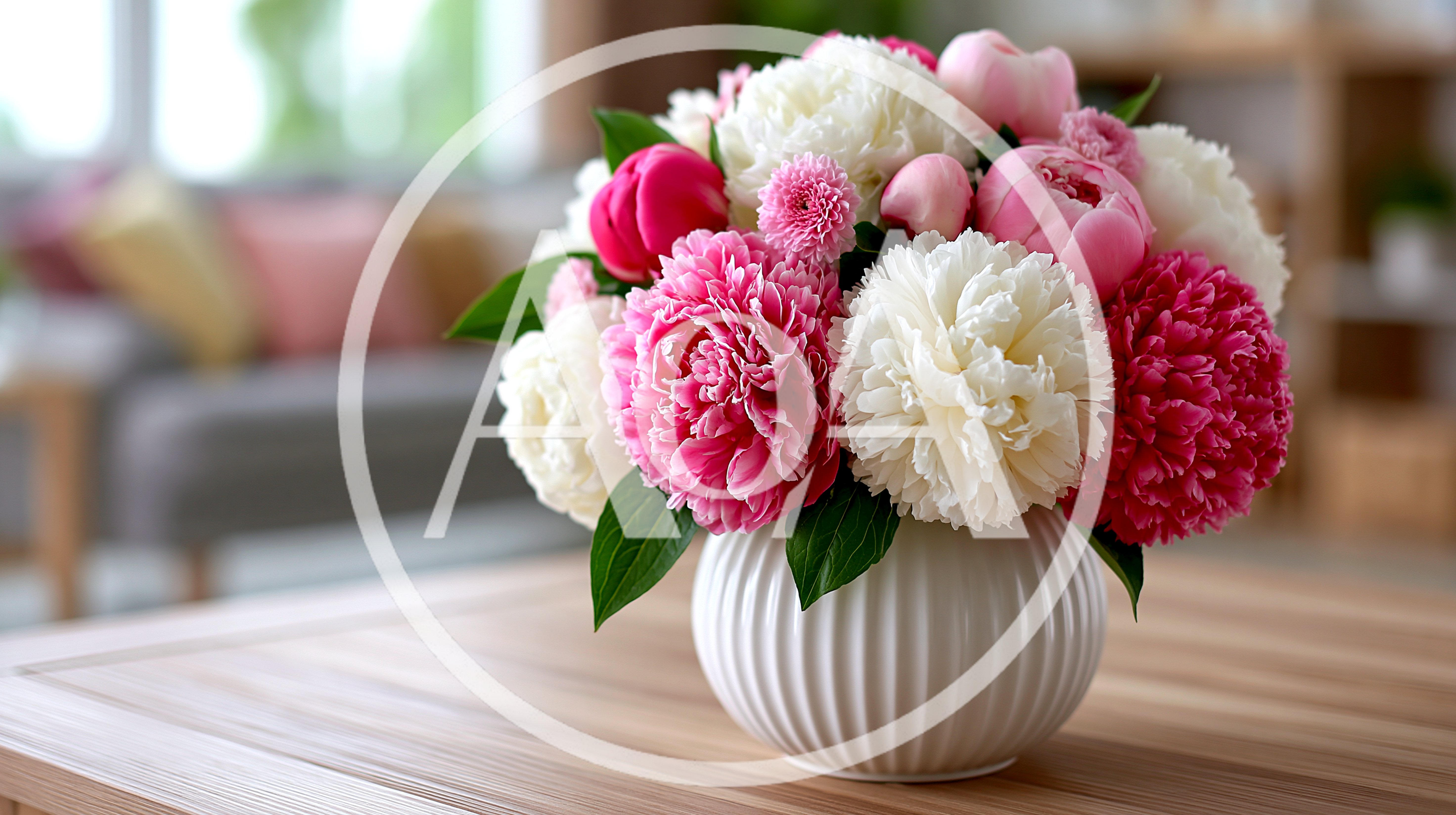Peony Flower Bouquet In A White Ceramic Vase