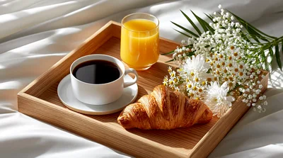 Breakfast Tray With Coffee Croissant And Orange Juice