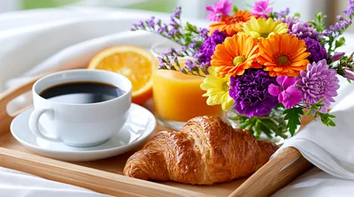 Breakfast Tray With Coffee Croissant And Flowers In Bed