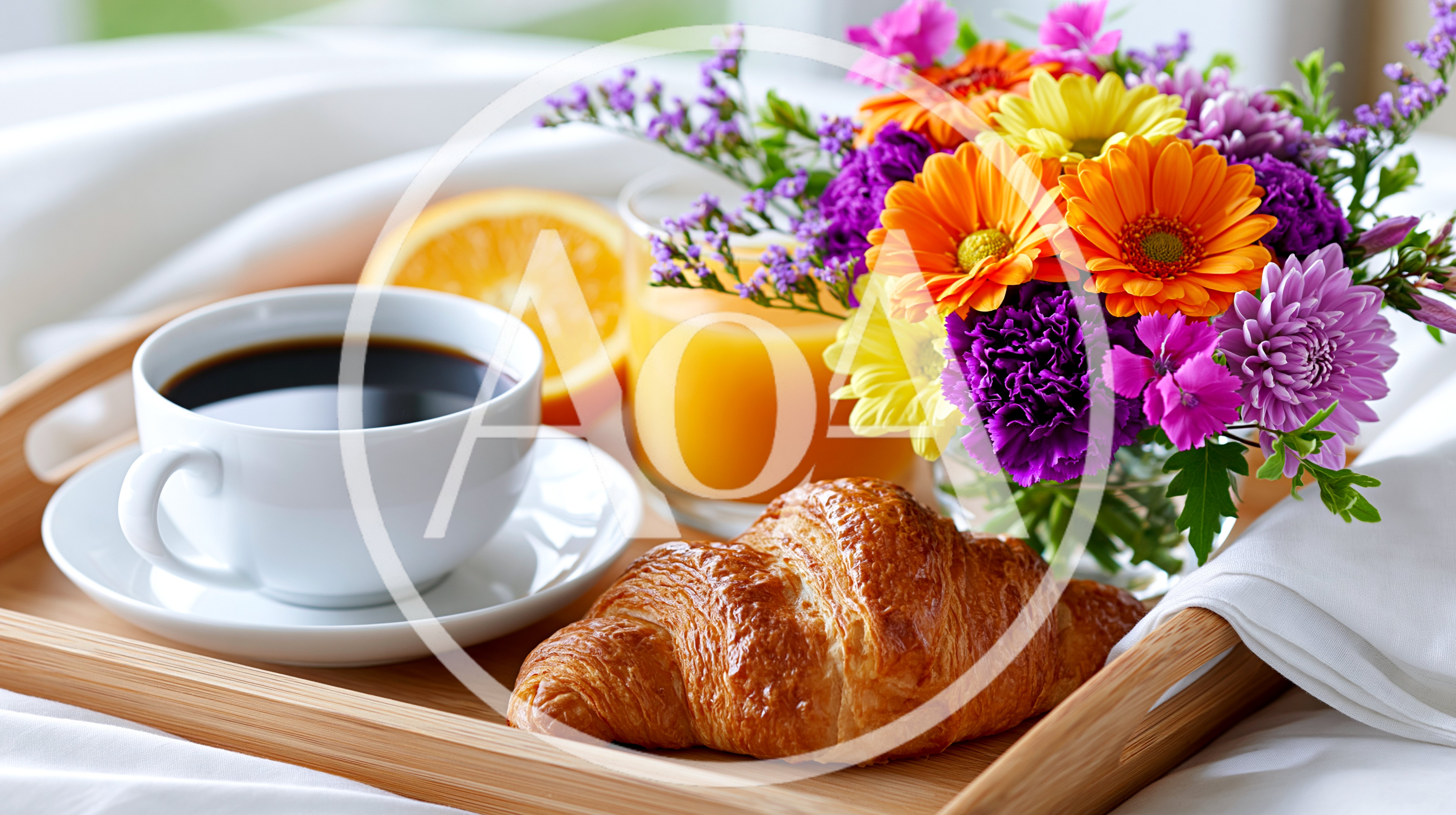 Breakfast Tray With Coffee Croissant And Flowers In Bed
