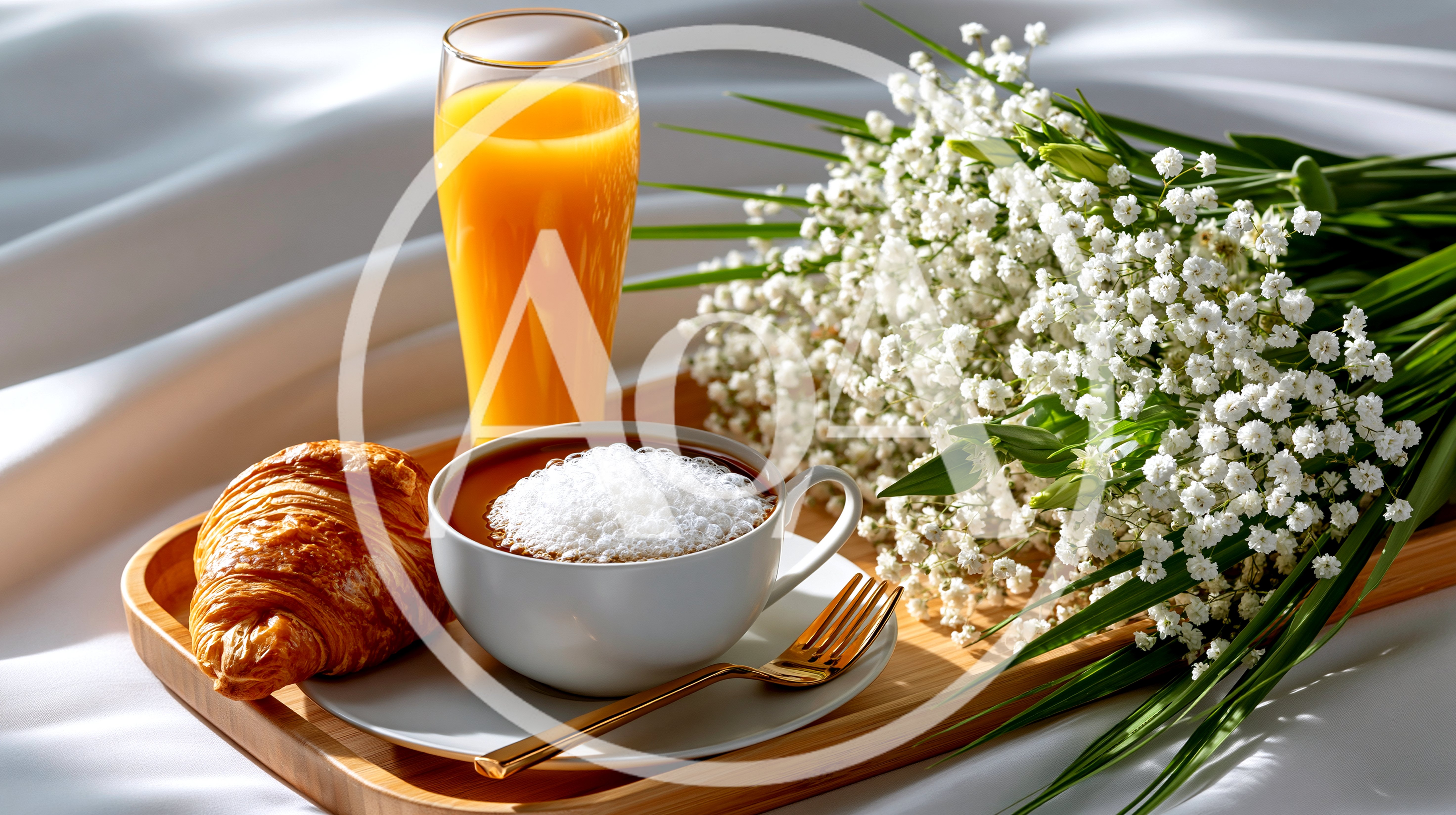 Breakfast Tray With Croissant Coffee And Flowers