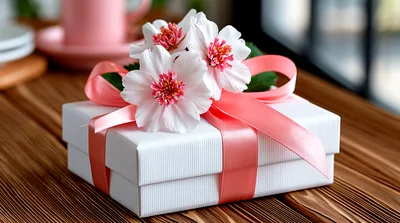 White Gift Box Decorated With Pink Flowers And Ribbon