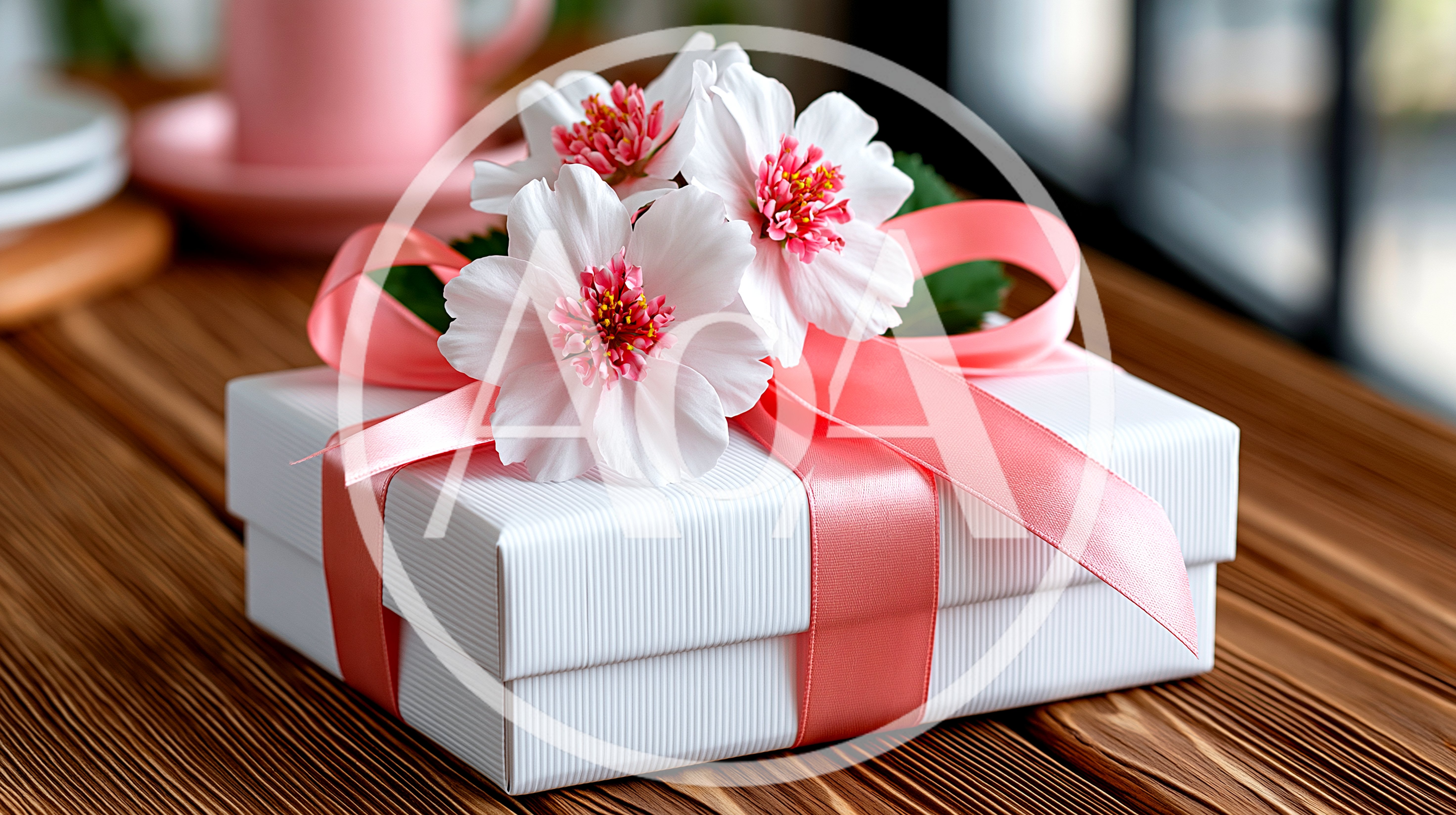 White Gift Box Decorated With Pink Flowers And Ribbon