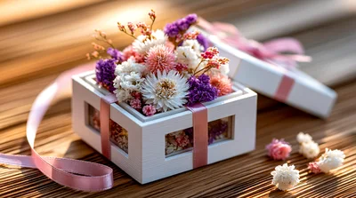 White Gift Box Filled With Dried Flowers