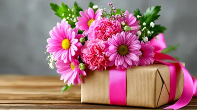 Pink Flower Bouquet On A Wrapped Gift Box