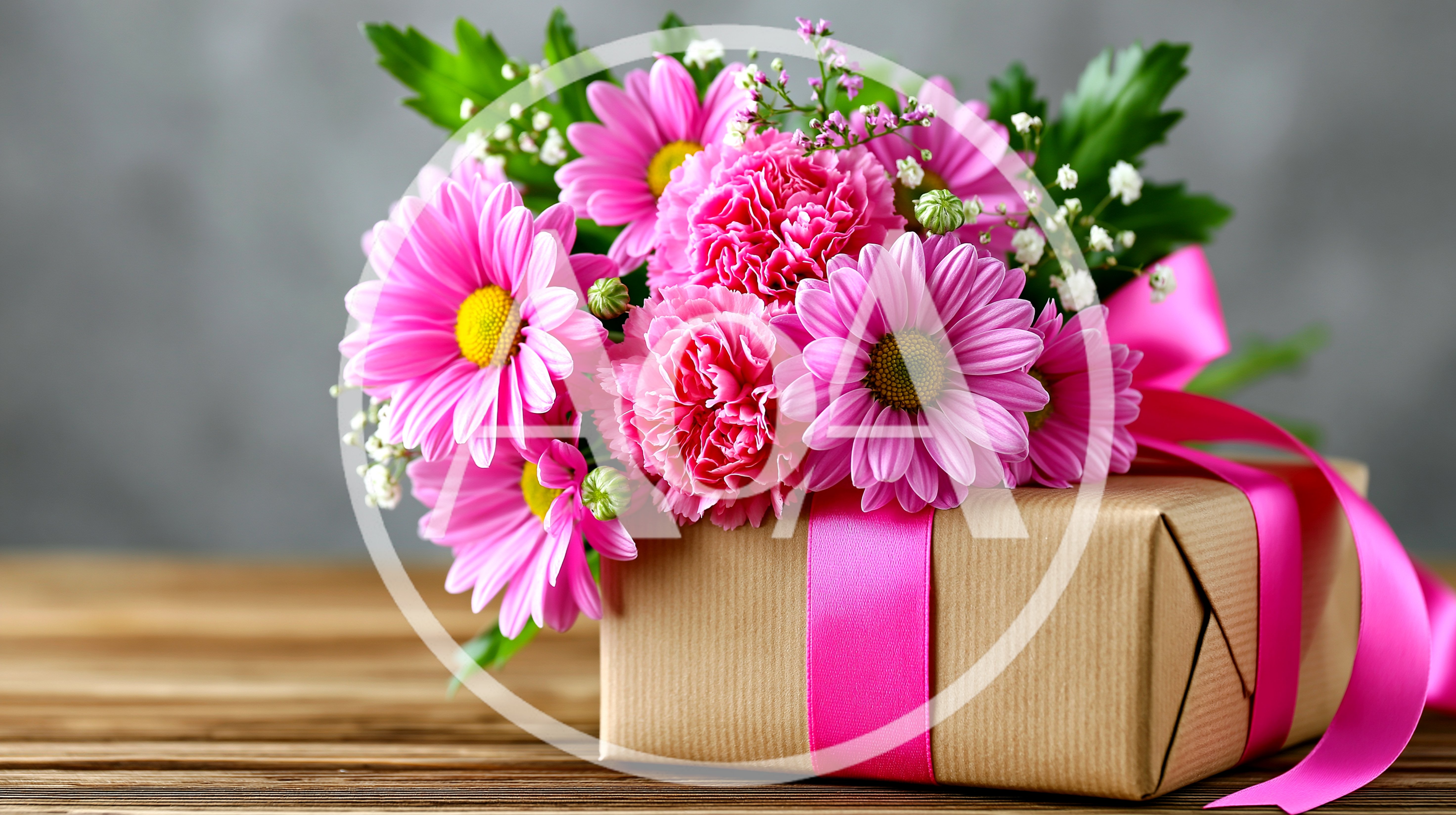 Pink Flower Bouquet On A Wrapped Gift Box