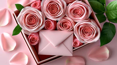 Pink Roses And Envelope In A Gift Box