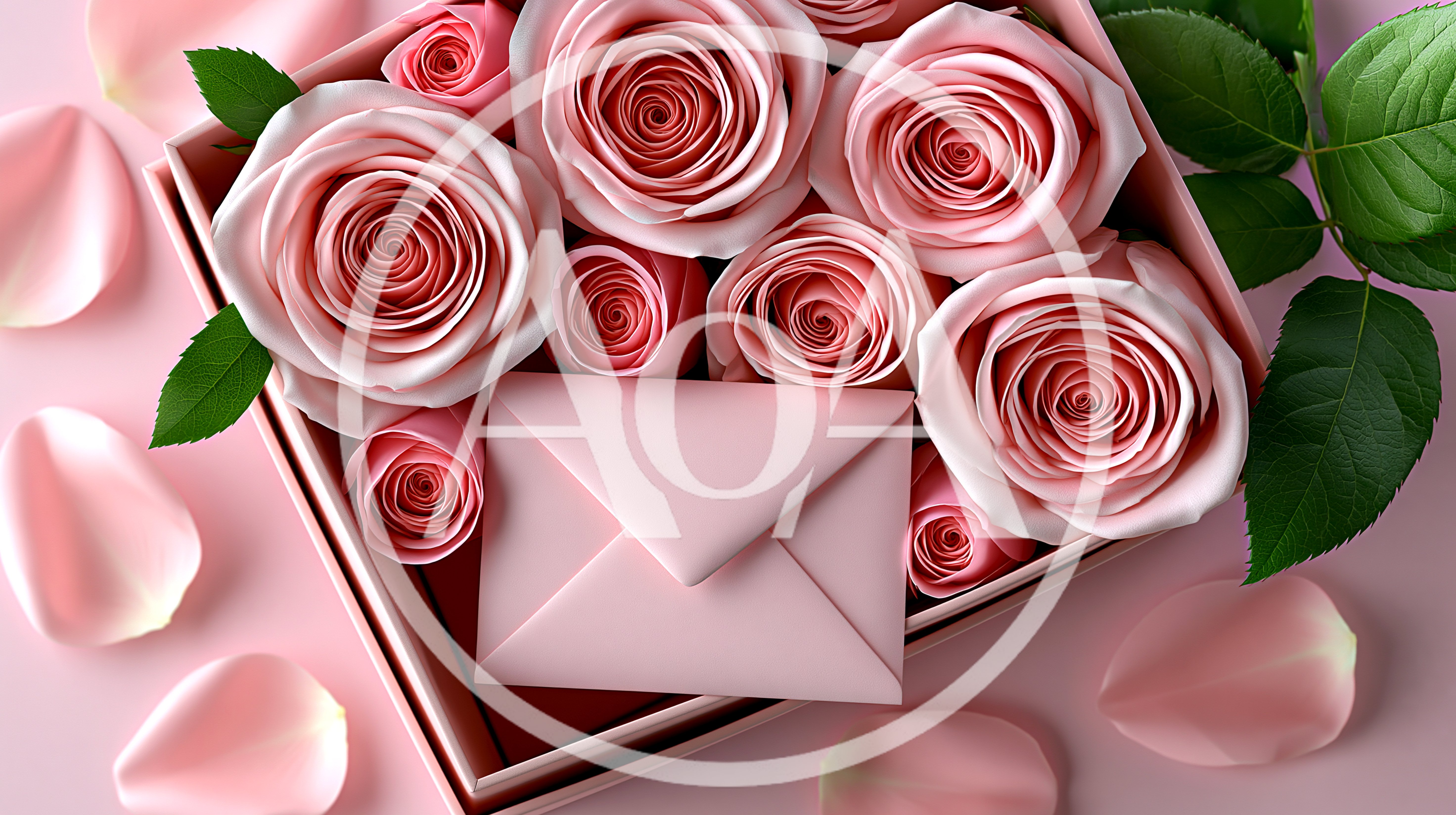 Pink Roses And Envelope In A Gift Box