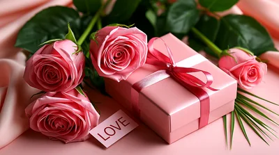 Pink Roses And Gift Box With Love Tag