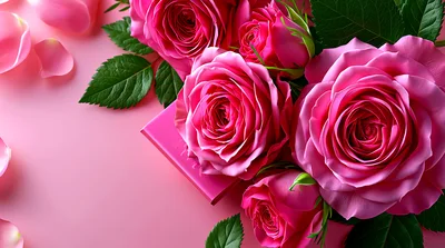 Beautiful Pink Roses With Petals On Pink Background
