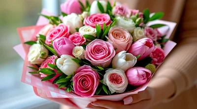 Person Holding A Beautiful Bouquet Of Pink And White Roses