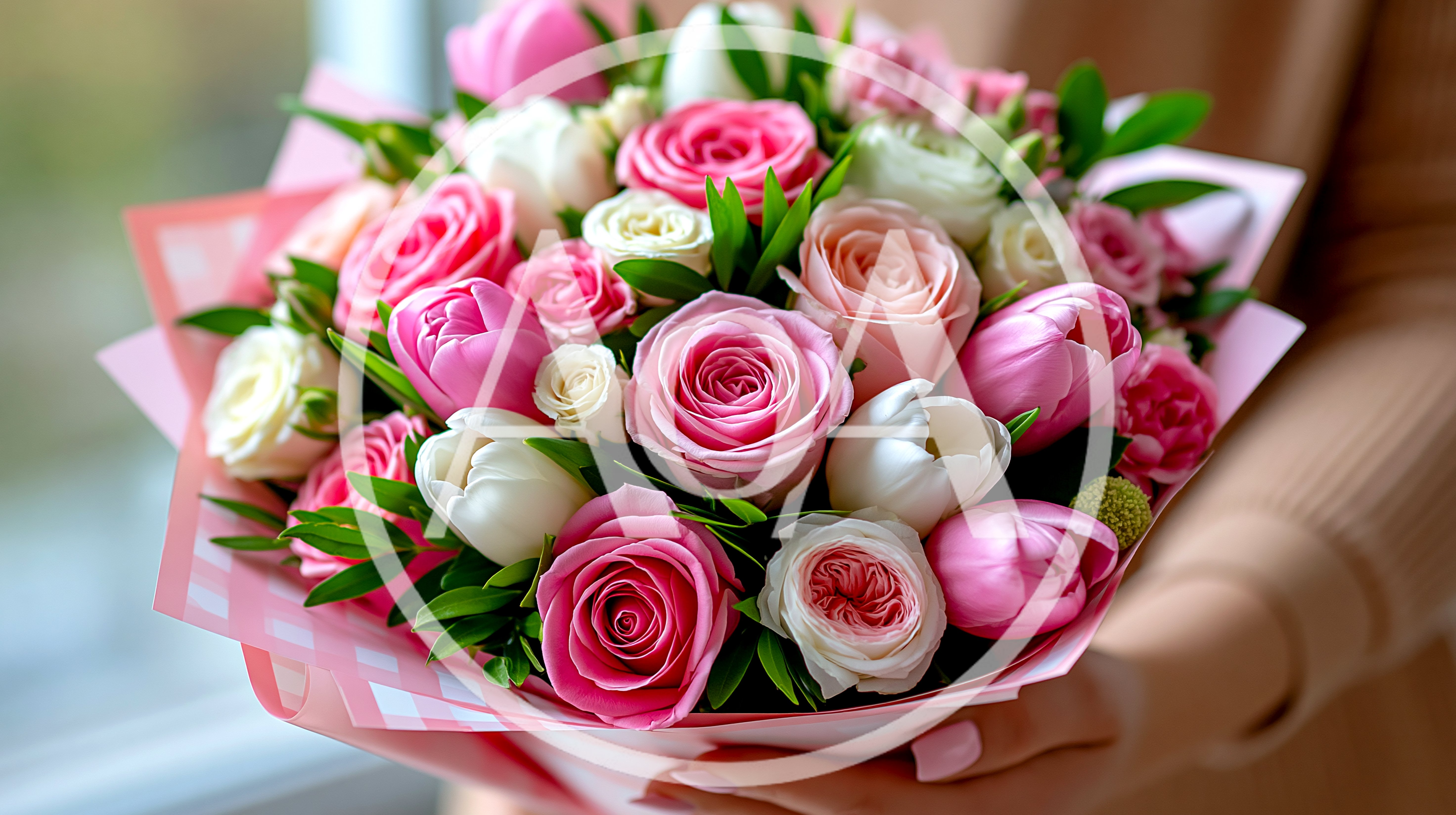 Person Holding A Beautiful Bouquet Of Pink And White Roses