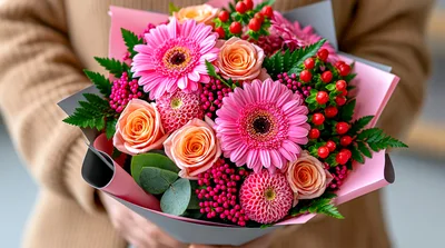 Person Holding A Vibrant Pink And Peach Flower Bouquet