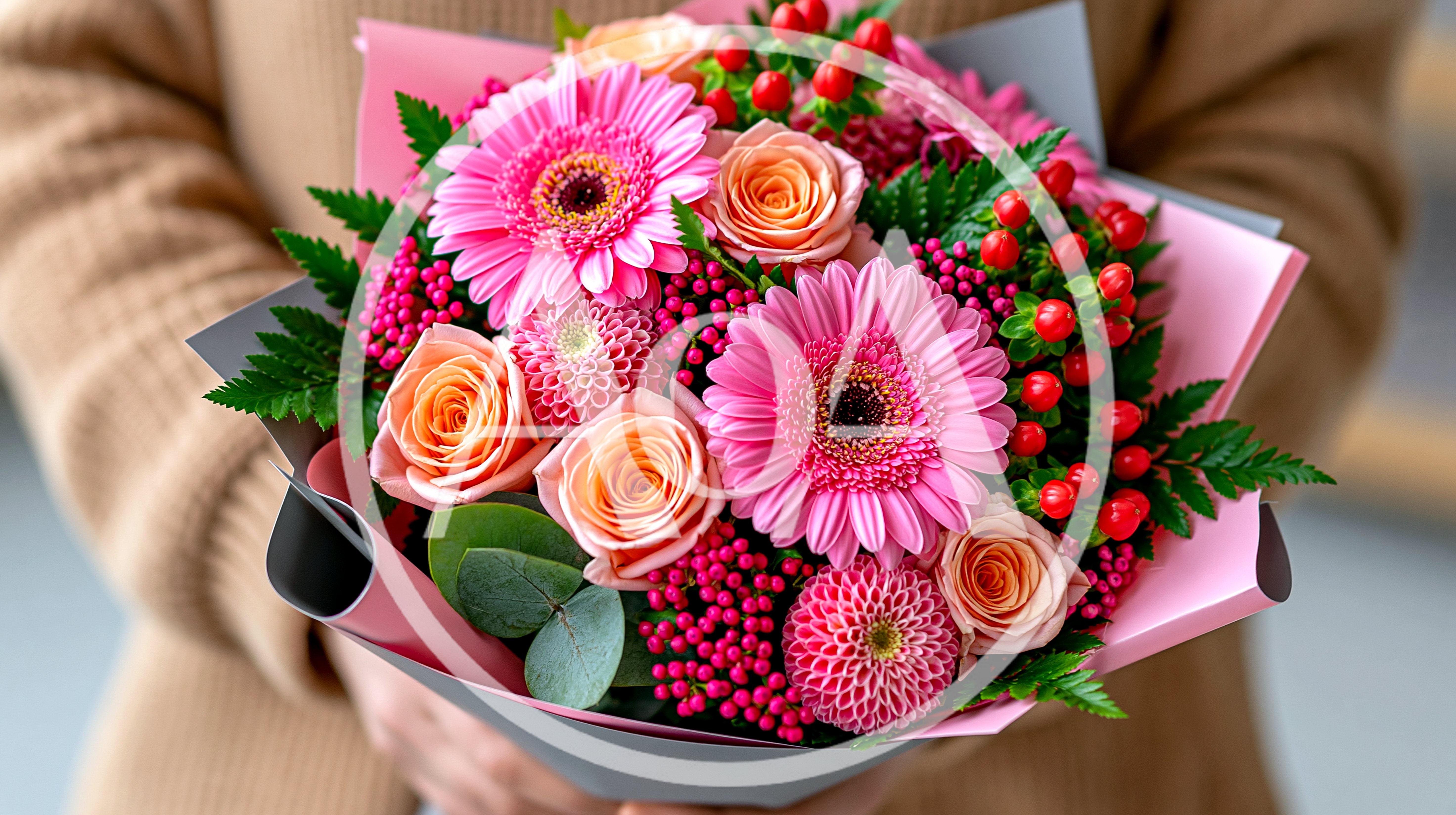 Person Holding A Vibrant Pink And Peach Flower Bouquet
