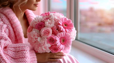 Woman Holding A Pink Floral Bouquet By A Window