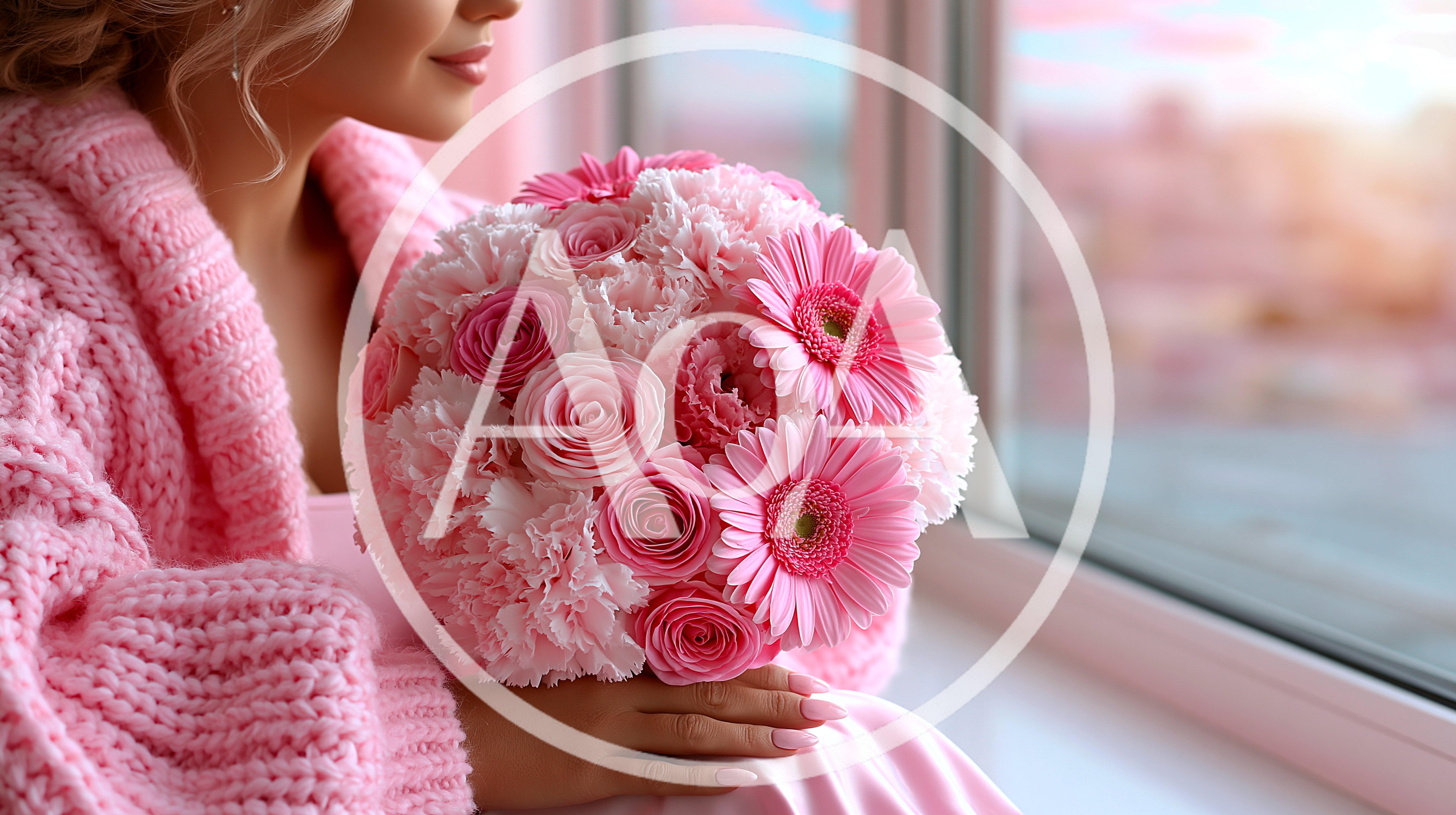 Woman Holding A Pink Floral Bouquet By A Window