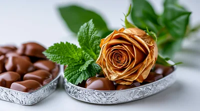 Golden Rose And Chocolate Hearts In Silver Trays