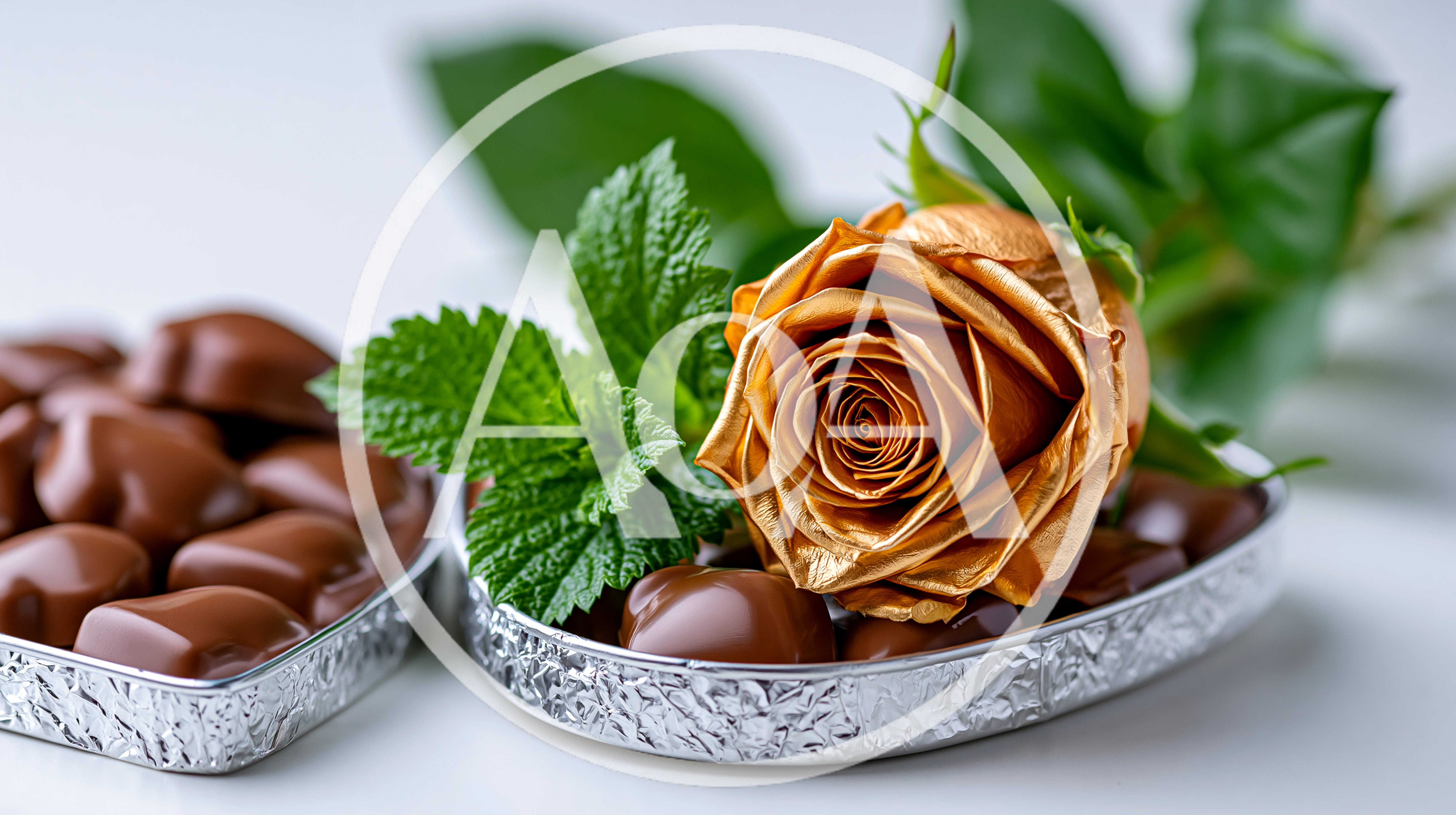 Golden Rose And Chocolate Hearts In Silver Trays