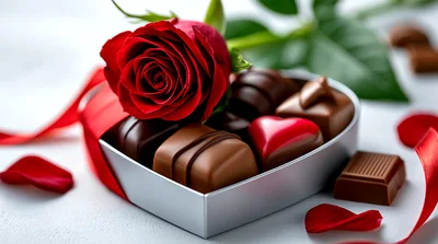 Heart Shaped Box Of Chocolates With Red Rose