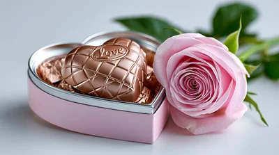 Heart Shaped Chocolate Box With A Pink Rose