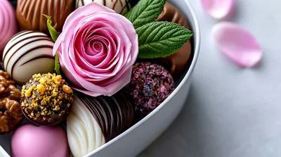 Assorted Gourmet Chocolates With A Pink Rose
