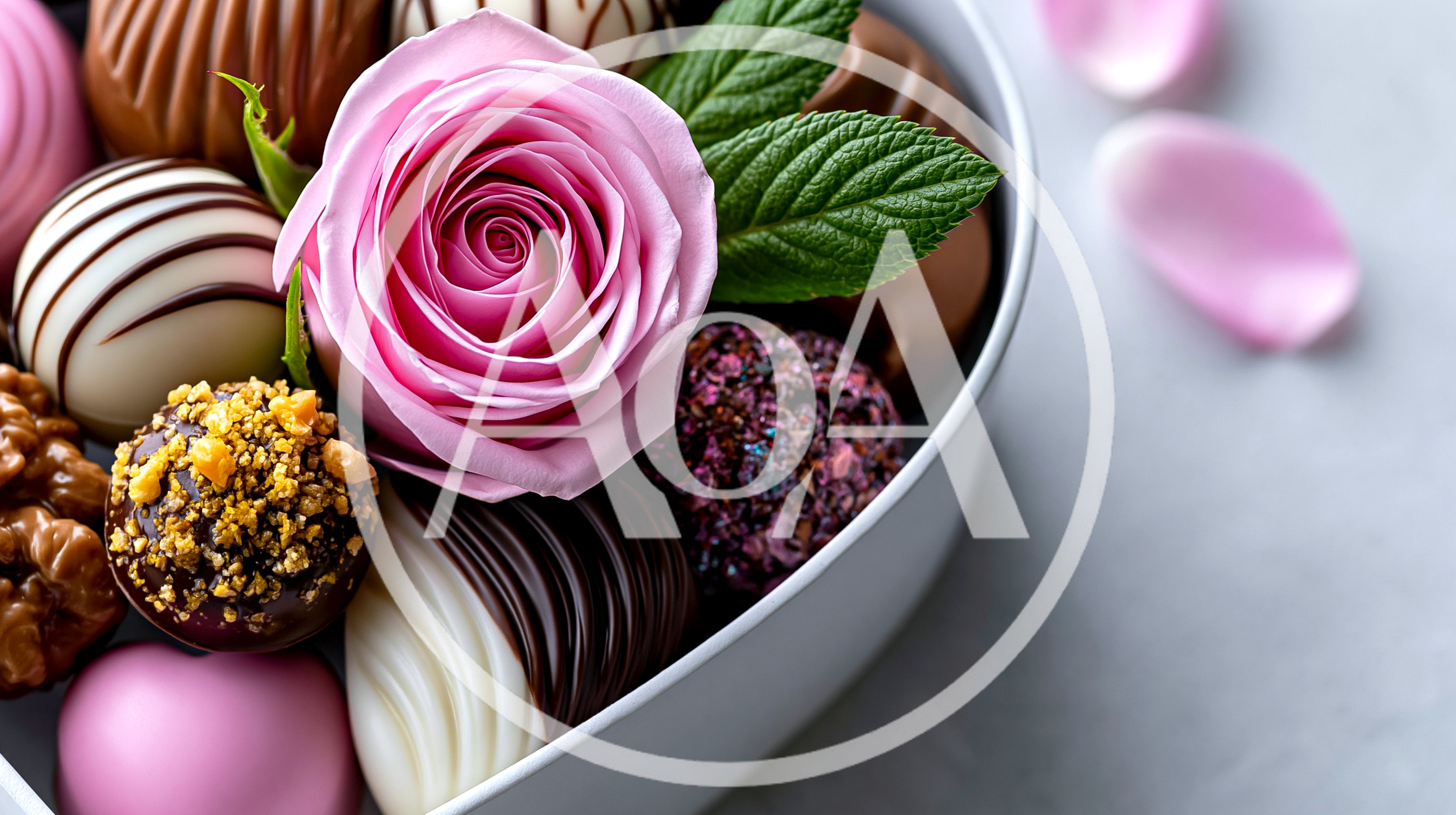 Assorted Gourmet Chocolates With A Pink Rose