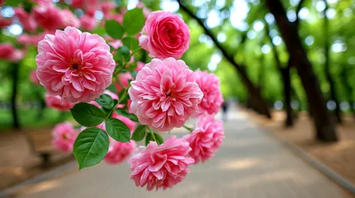 Pink Rose Cluster Blooming Along A Park Pathway