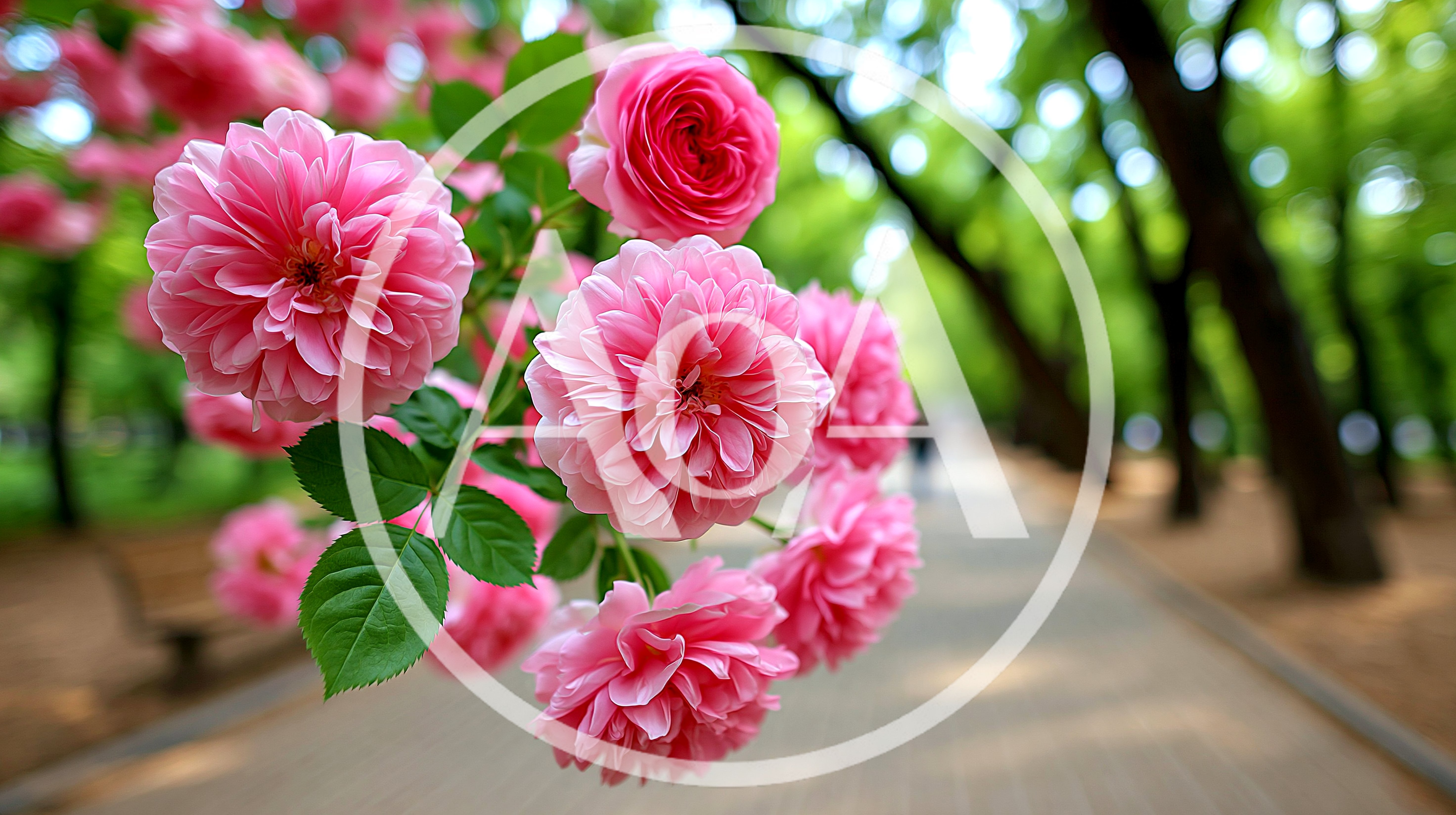 Pink Rose Cluster Blooming Along A Park Pathway