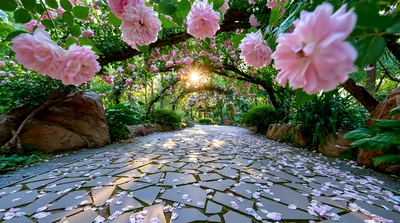 Stone Path Under A Blooming Rose Archway