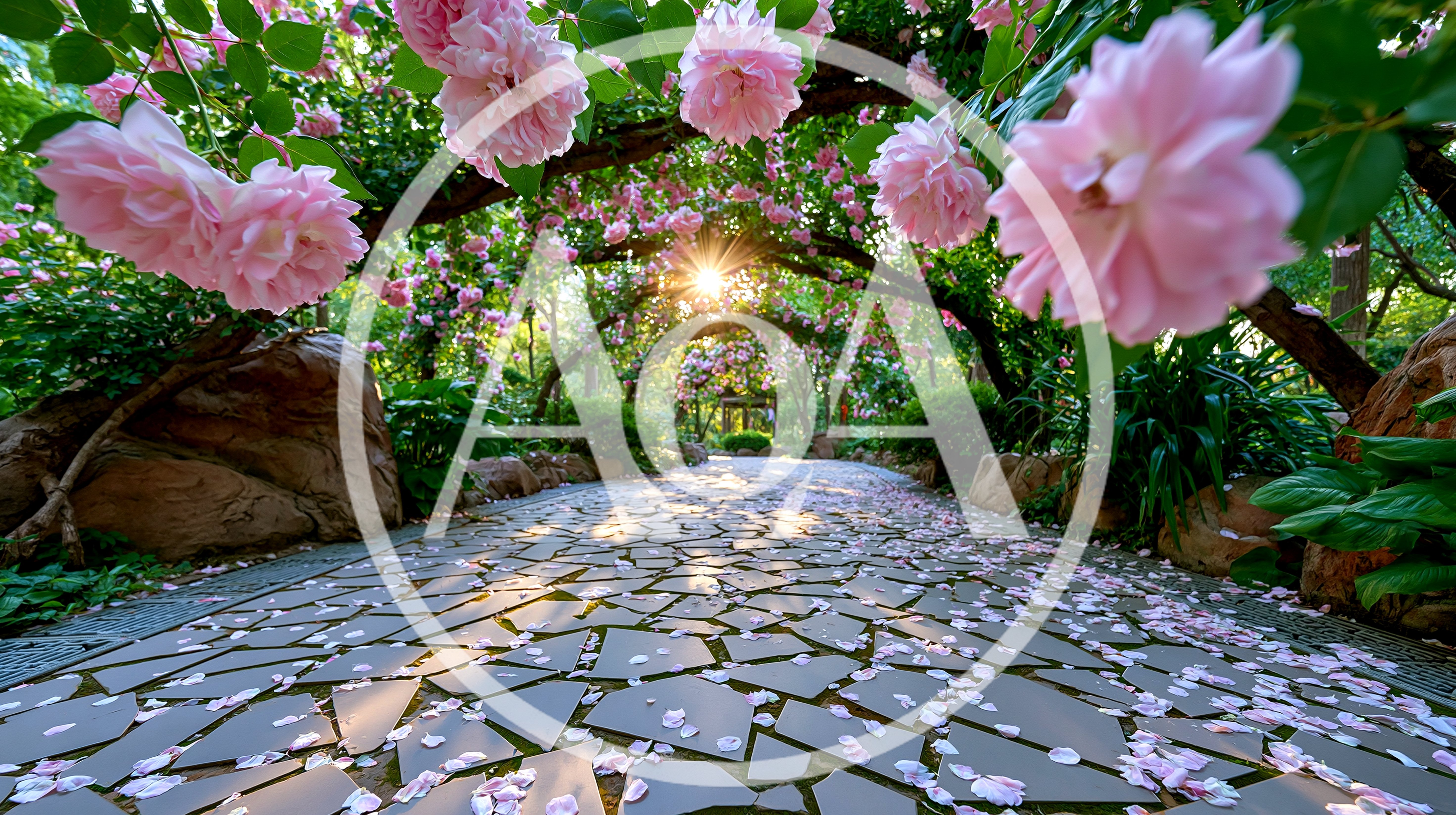 Stone Path Under A Blooming Rose Archway