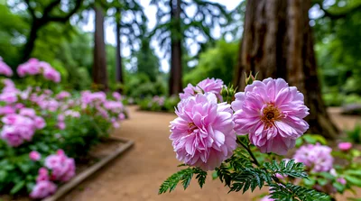 Pink Rose Blossoms in a Lush Botanical Garden