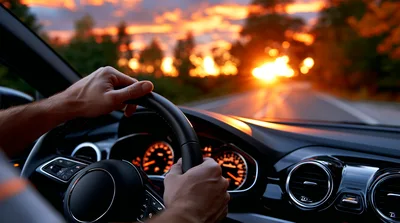Driver Hands Holding Steering Wheel During Sunset Drive