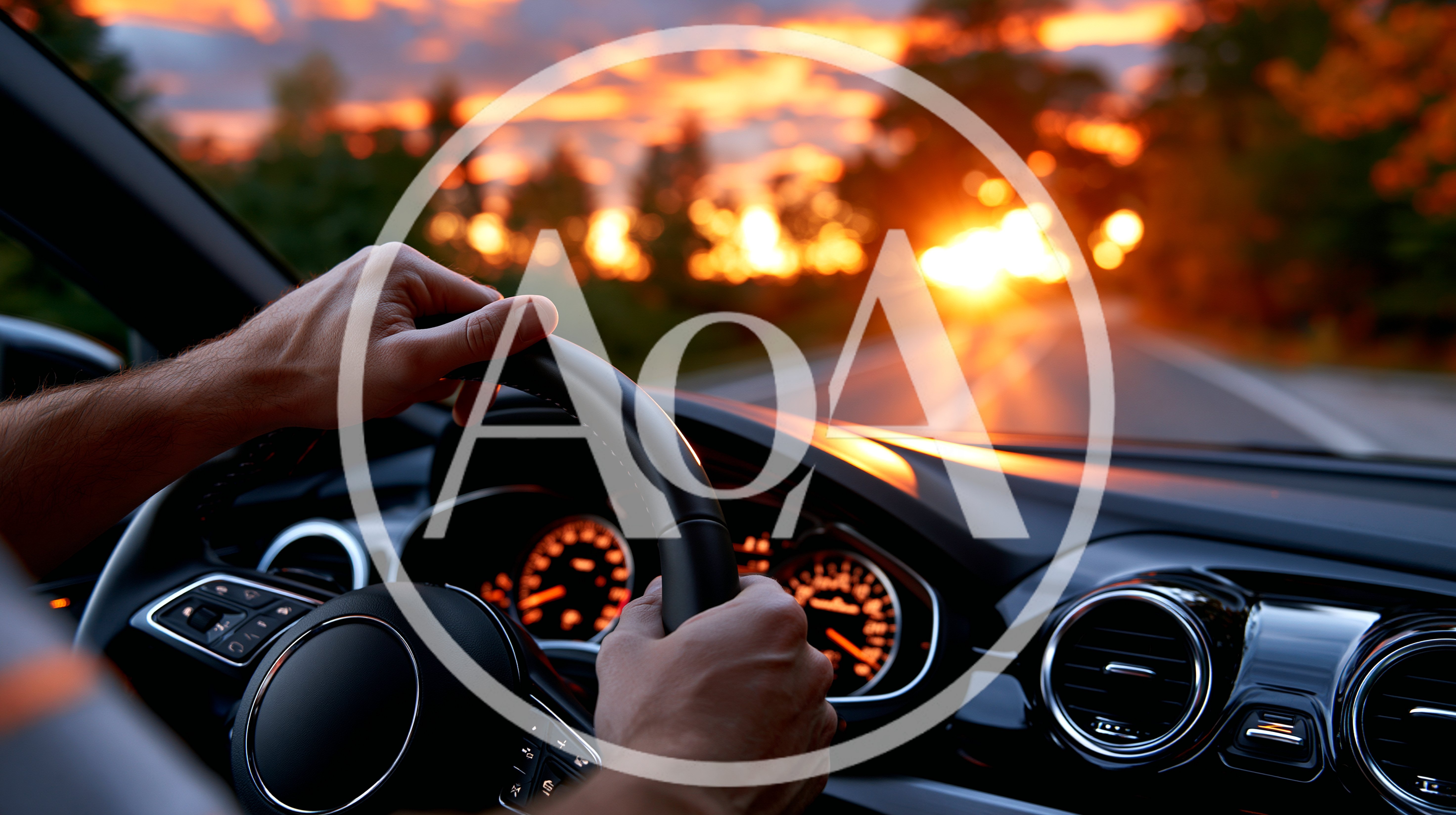 Driver Hands Holding Steering Wheel During Sunset Drive