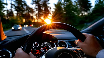 Driver Holding Steering Wheel During Sunset Drive