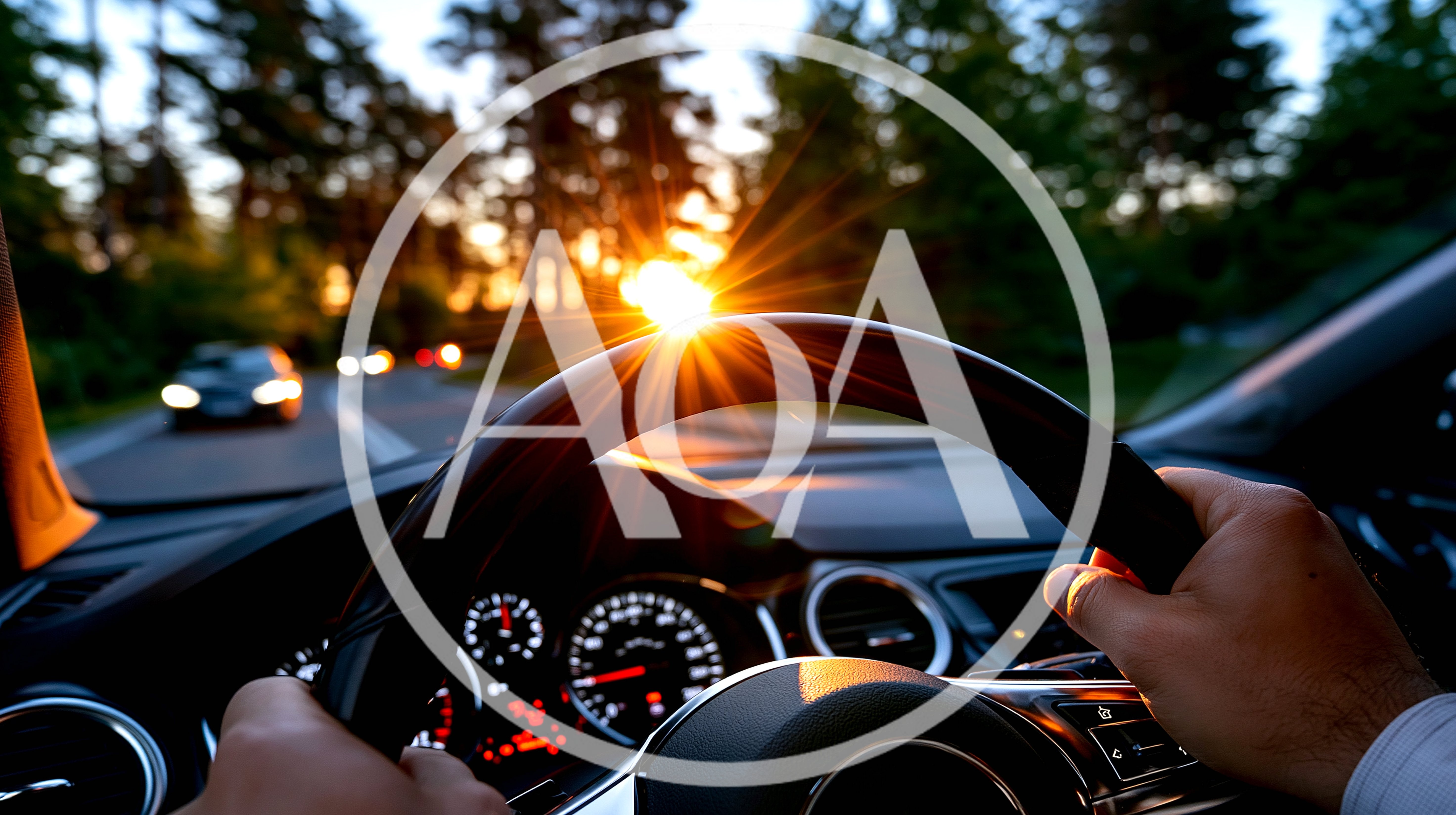Driver Holding Steering Wheel During Sunset Drive