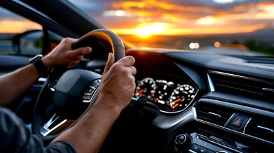 Driver Hands On Steering Wheel During Sunset Drive