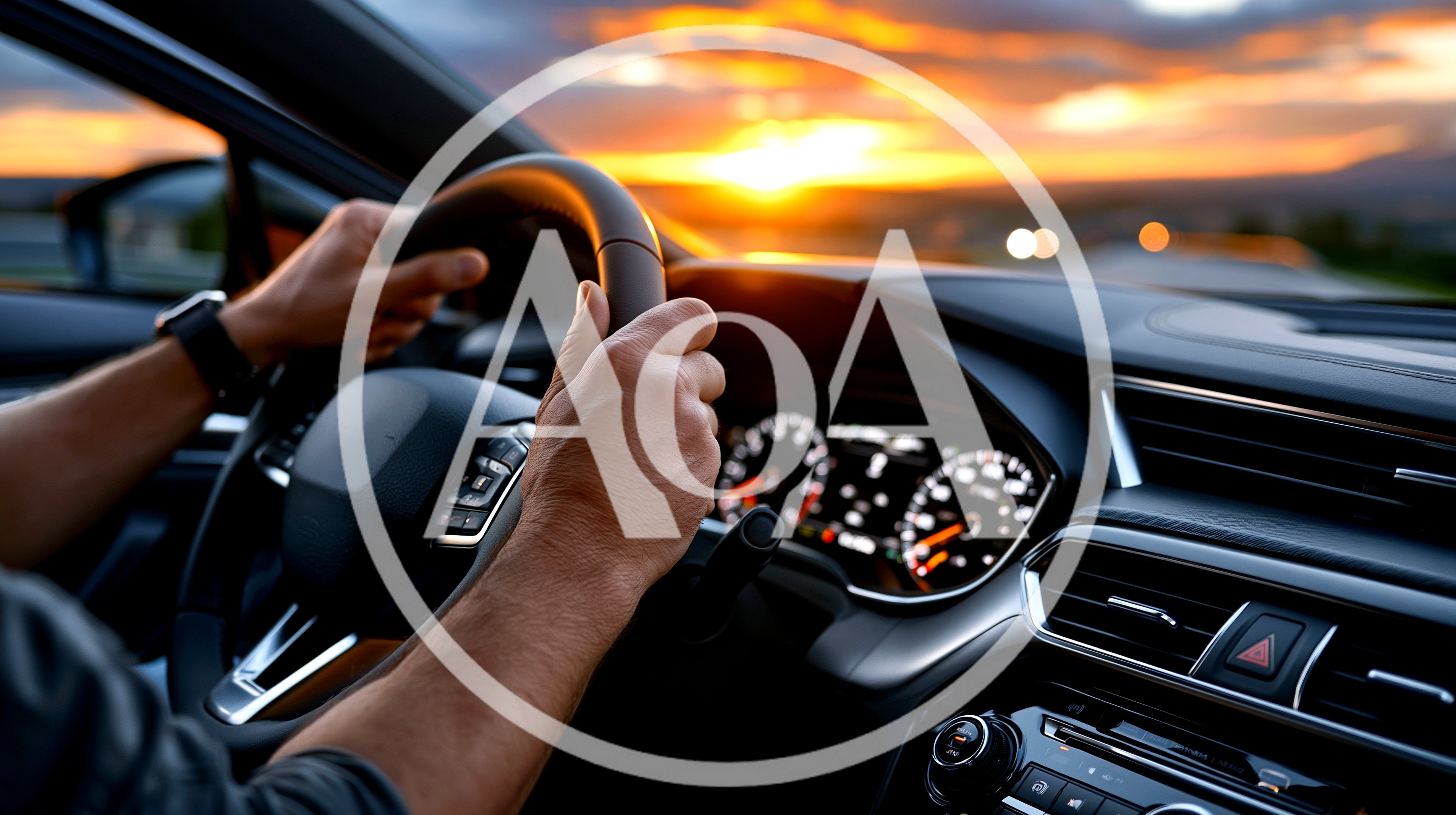 Driver Hands On Steering Wheel During Sunset Drive