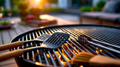 Grill Utensils Resting On A Hot Charcoal Barbecue