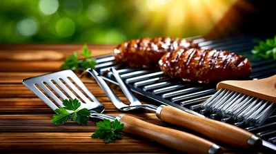 Grilled Meat Patties With Barbecue Tools On Wooden Table