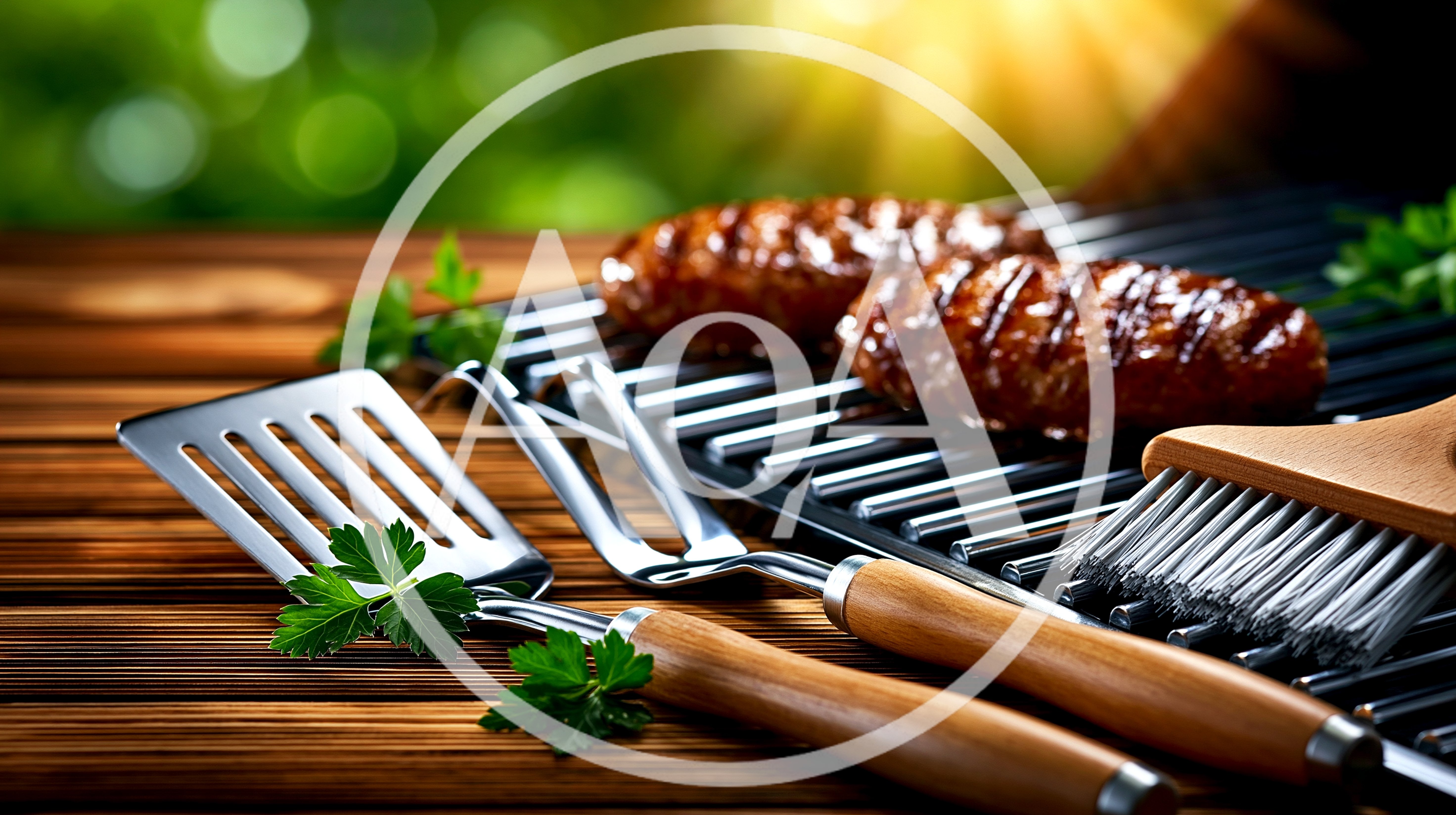Grilled Meat Patties With Barbecue Tools On Wooden Table
