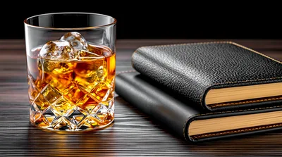 Glass Of Whiskey With Ice And Leather Notebooks