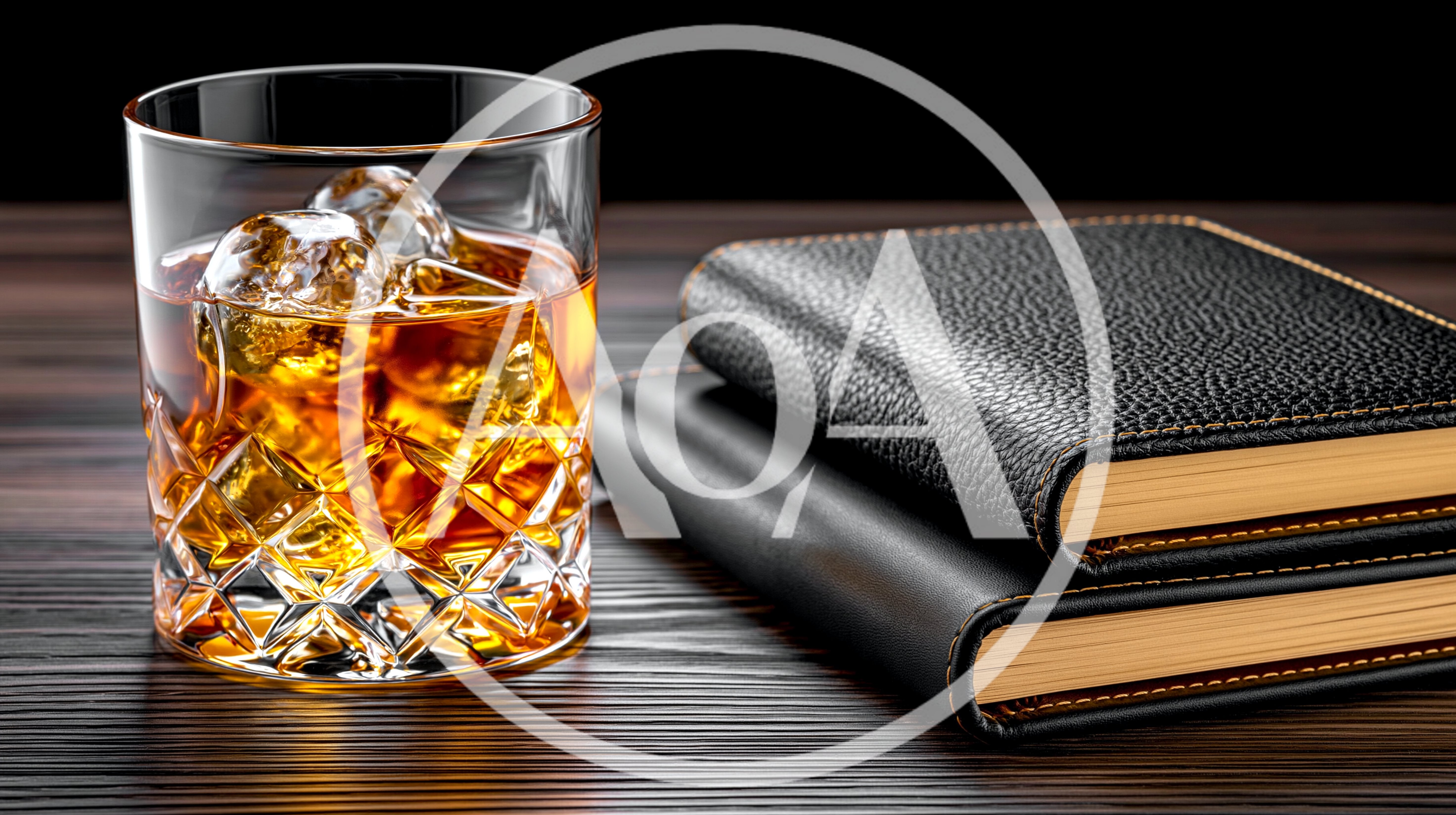 Glass Of Whiskey With Ice And Leather Notebooks