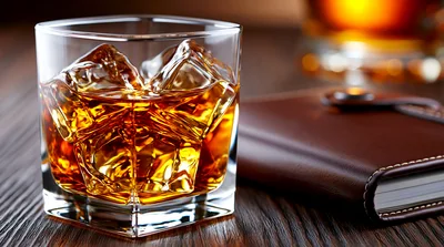 Glass Of Whiskey With Ice On A Wooden Table