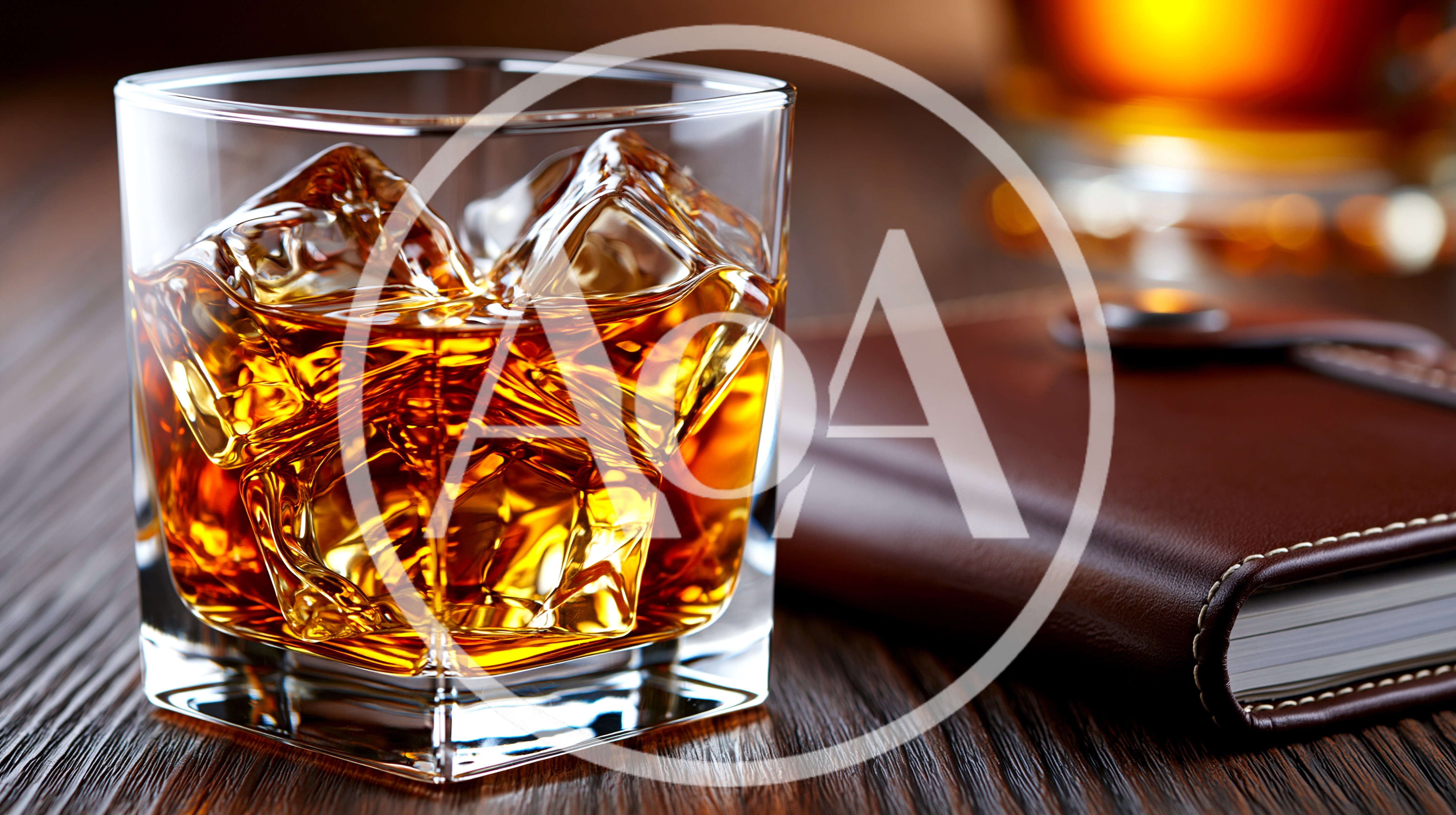 Glass Of Whiskey With Ice On A Wooden Table