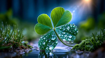 Dew Covered Shamrock Leaf In A Sunlit Forest